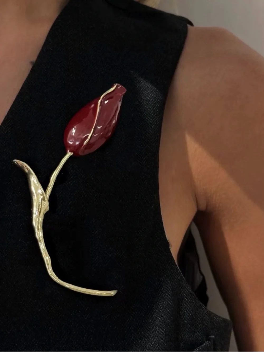 Gold Tulip Brooch with Deep Red Enamel Petal PIN
